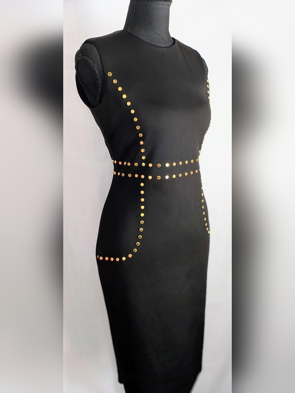 Calvin Klein Black Bodycon Dress Gold studded Hardware Sheath Cocktail Midi (2) - Picture 2 of 7